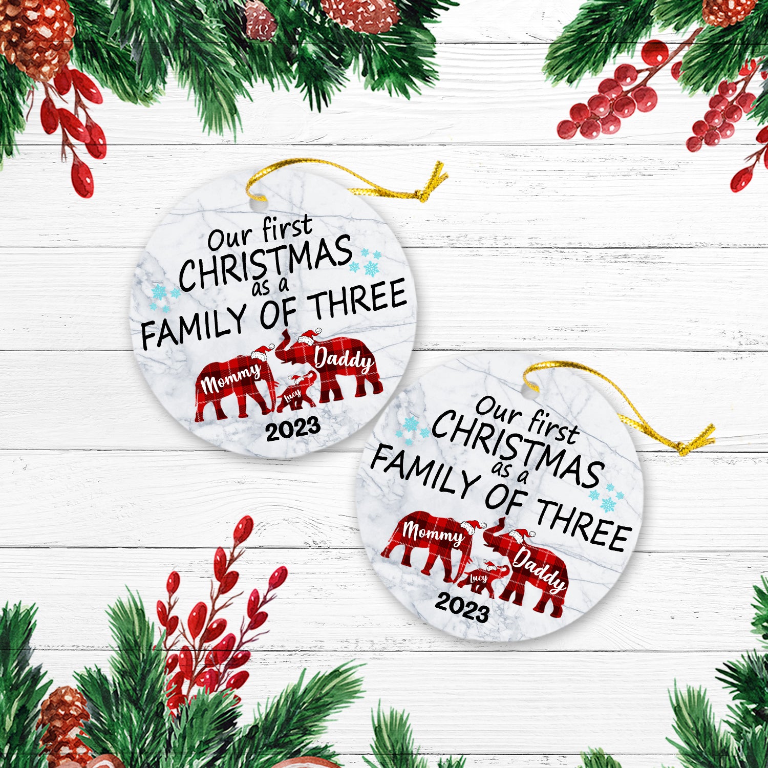 Our First Christmas As A Family Of Tree Version Elephant Personalized Christmas Premium Ceramic Ornaments