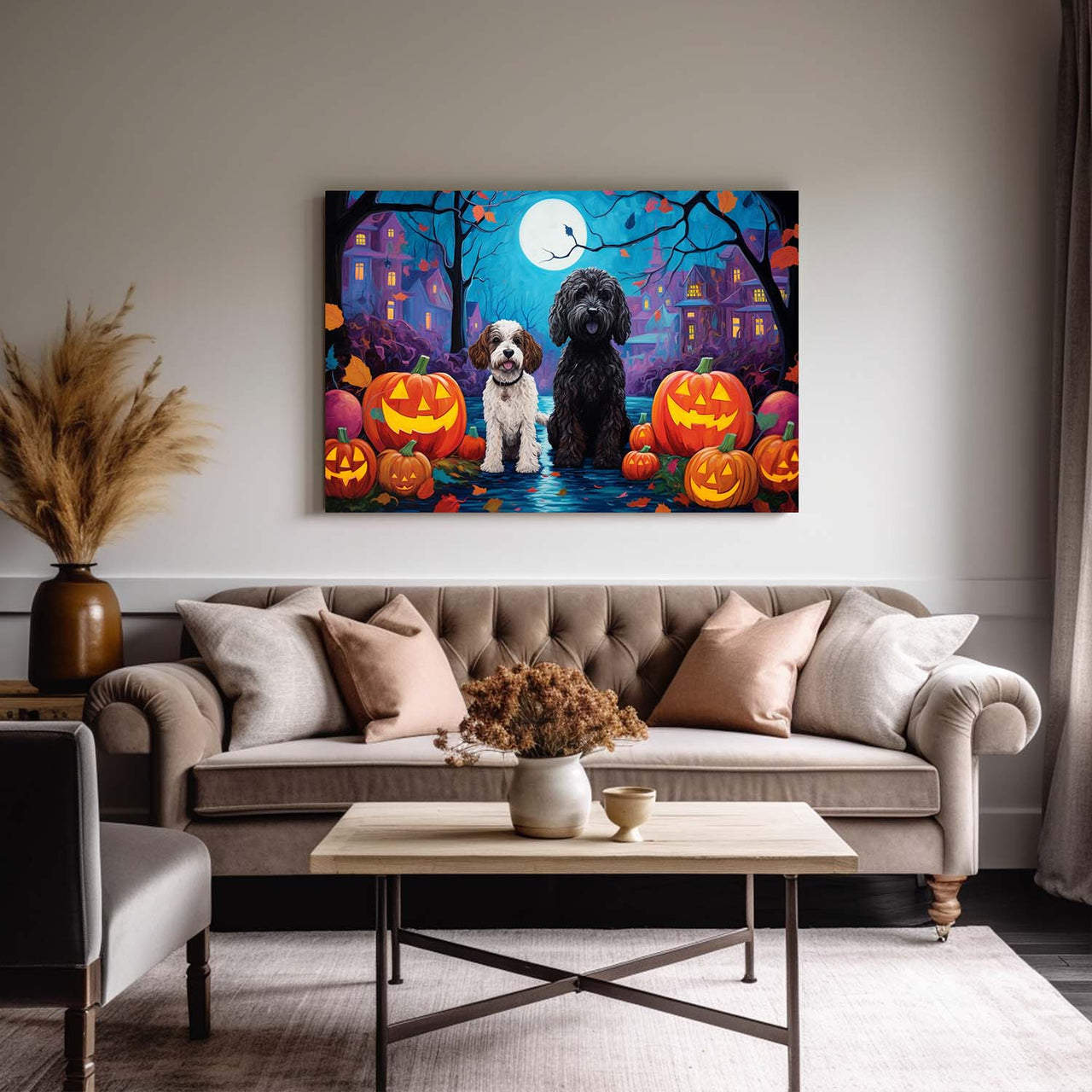 Portuguese Water Dog Halloween With Pumpkin Oil Painting Van Goh Style, Wooden Canvas Prints Wall Art Painting , Canvas 3d Art