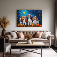 Thumbnail for Cavalier King Charles Spaniels Halloween With Pumpkin Oil Painting Van Goh Style, Wooden Canvas Prints Wall Art Painting , Canvas 3d Art