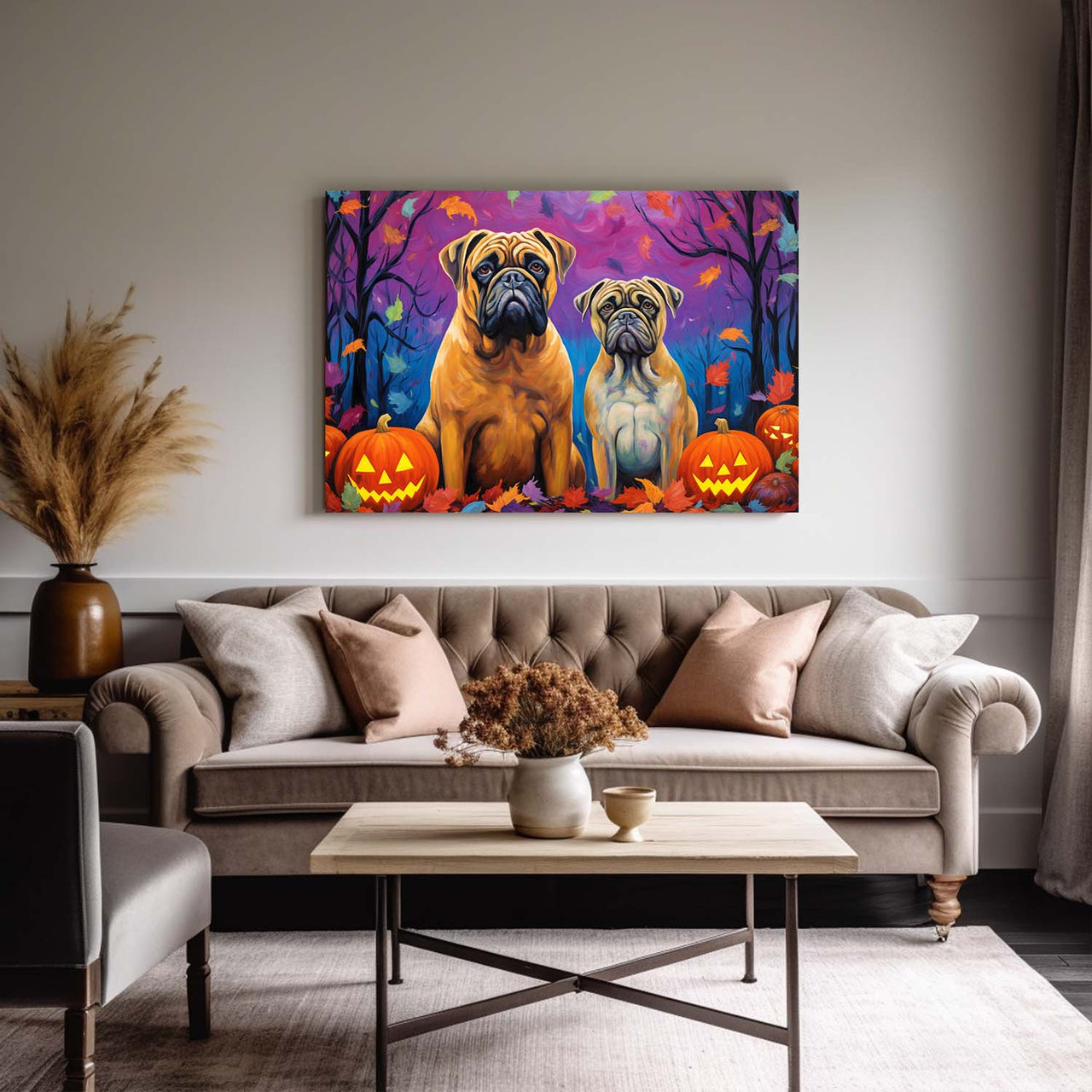 Bullmastiffs Dog 02 Halloween With Pumpkin Oil Painting Van Goh Style, Wooden Canvas Prints Wall Art Painting , Canvas 3d Art