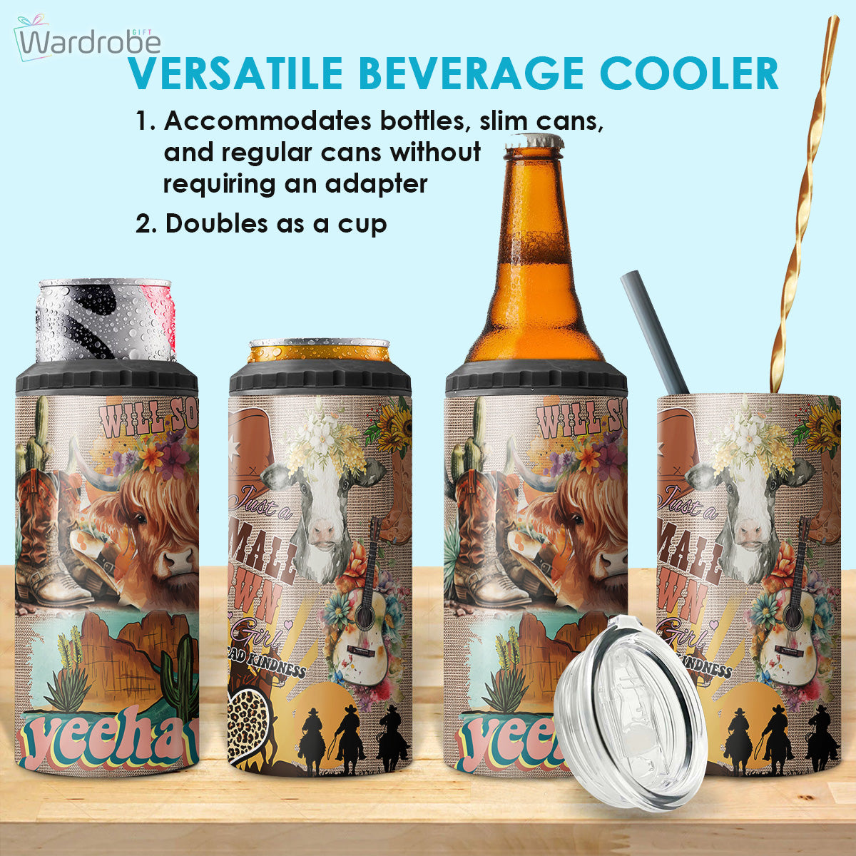 Yeehaw Cowgirl Y2K Rustic Country Girl Tumbler 4 in 1 Can Cooler 16Oz Tumbler Cup Bottle Cooler
