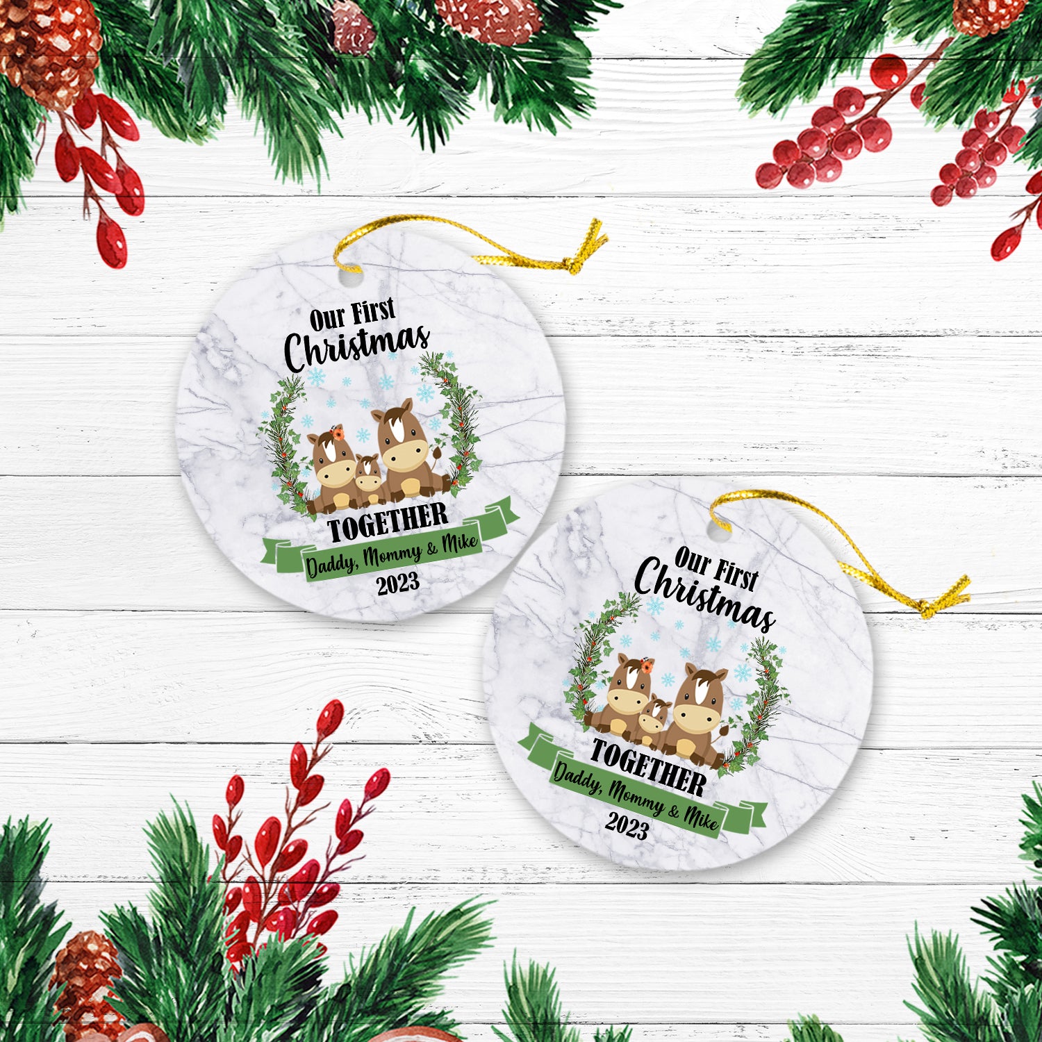 Our First Christmas Together With Family Cute Animals Version Horse Personalized Christmas Premium Ceramic Ornaments