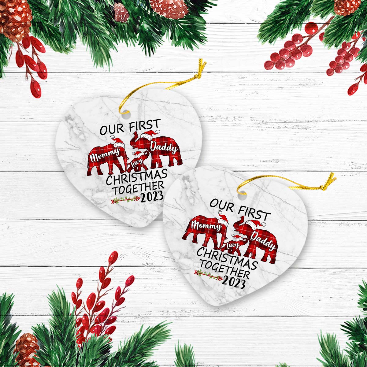 Our First Christmas As A Family Of Tree Version Elephant Personalized Christmas Premium Ceramic Ornaments