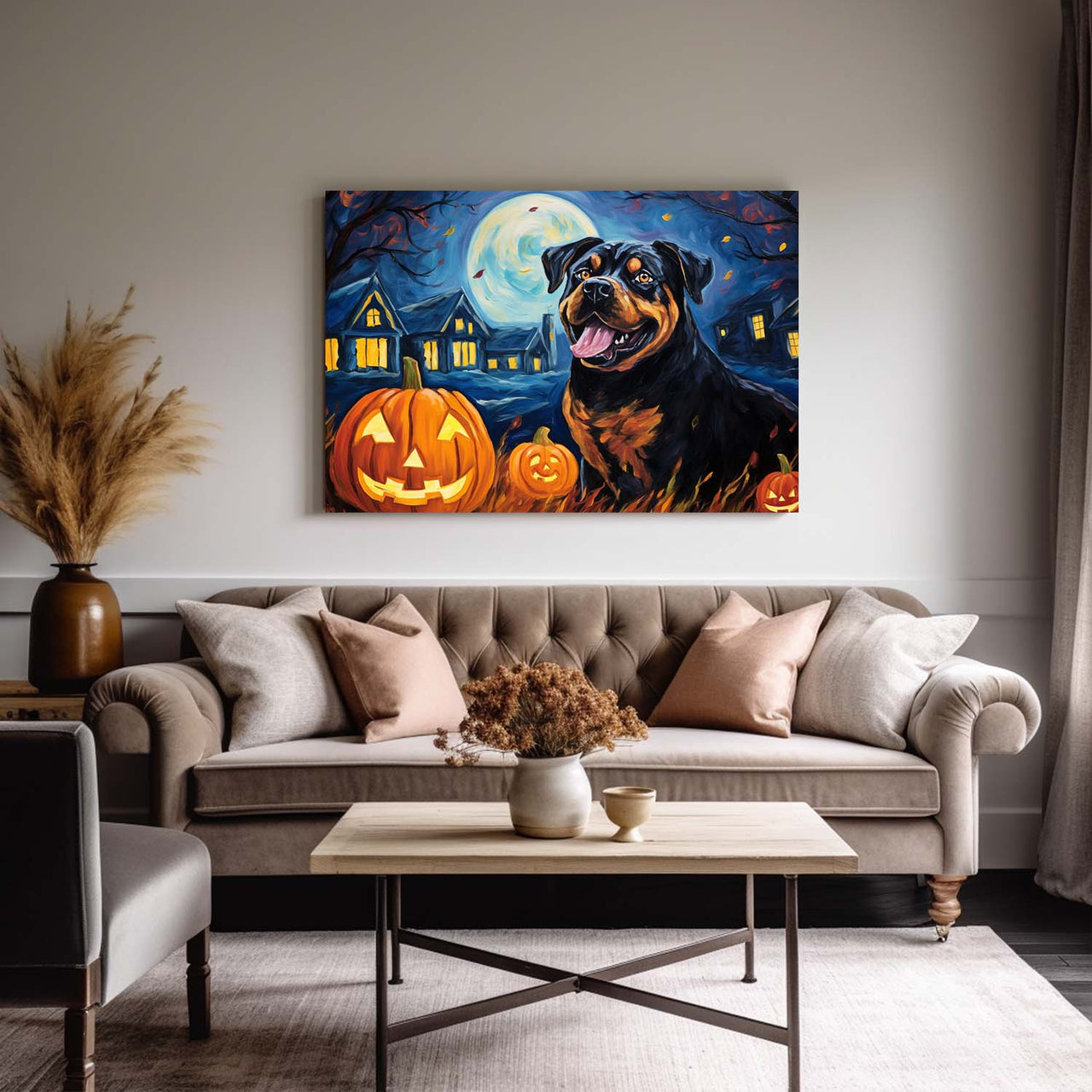 Rottweiler Dog 01 Halloween With Pumpkin Oil Painting Van Goh Style, Wooden Canvas Prints Wall Art Painting , Canvas 3d Art