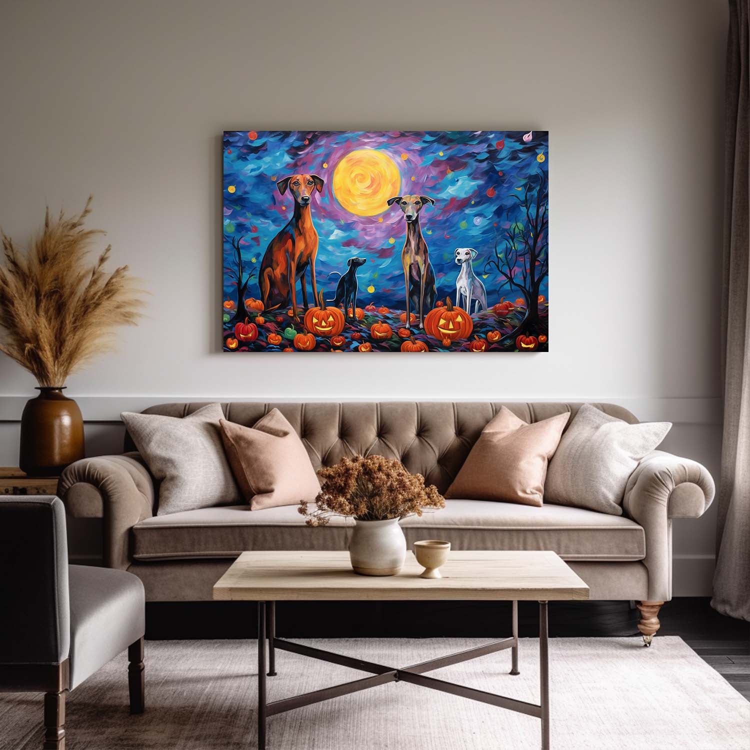 Whippets Dog Halloween With Pumpkin Oil Painting Van Goh Style, Wooden Canvas Prints Wall Art Painting , Canvas 3d Art