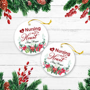 Nursing Is A Work Of Heart Personalized Custom Name Christmas Premium Ceramic Ornaments Sets