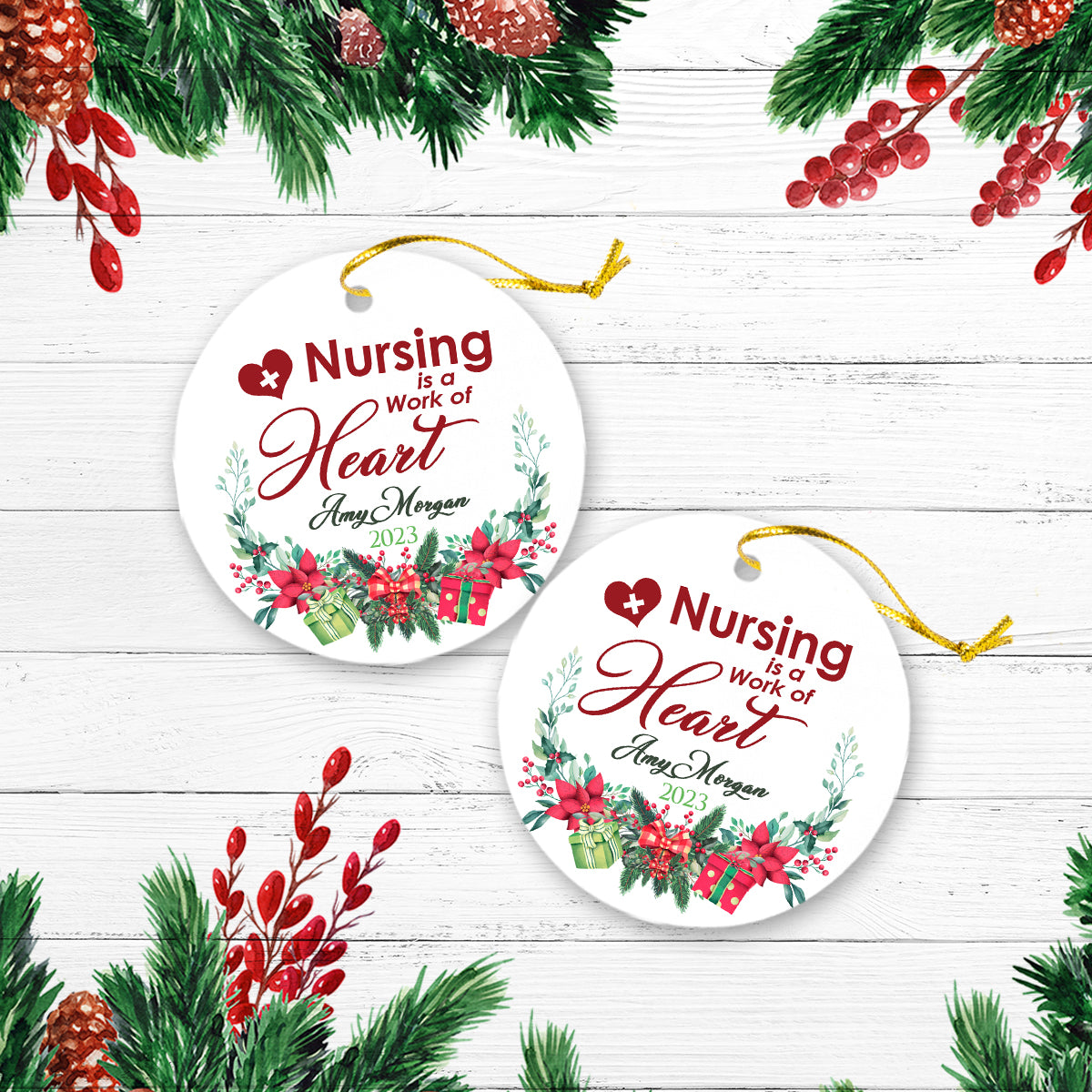 Nursing Is A Work Of Heart Personalized Custom Name Christmas Premium Ceramic Ornaments Sets