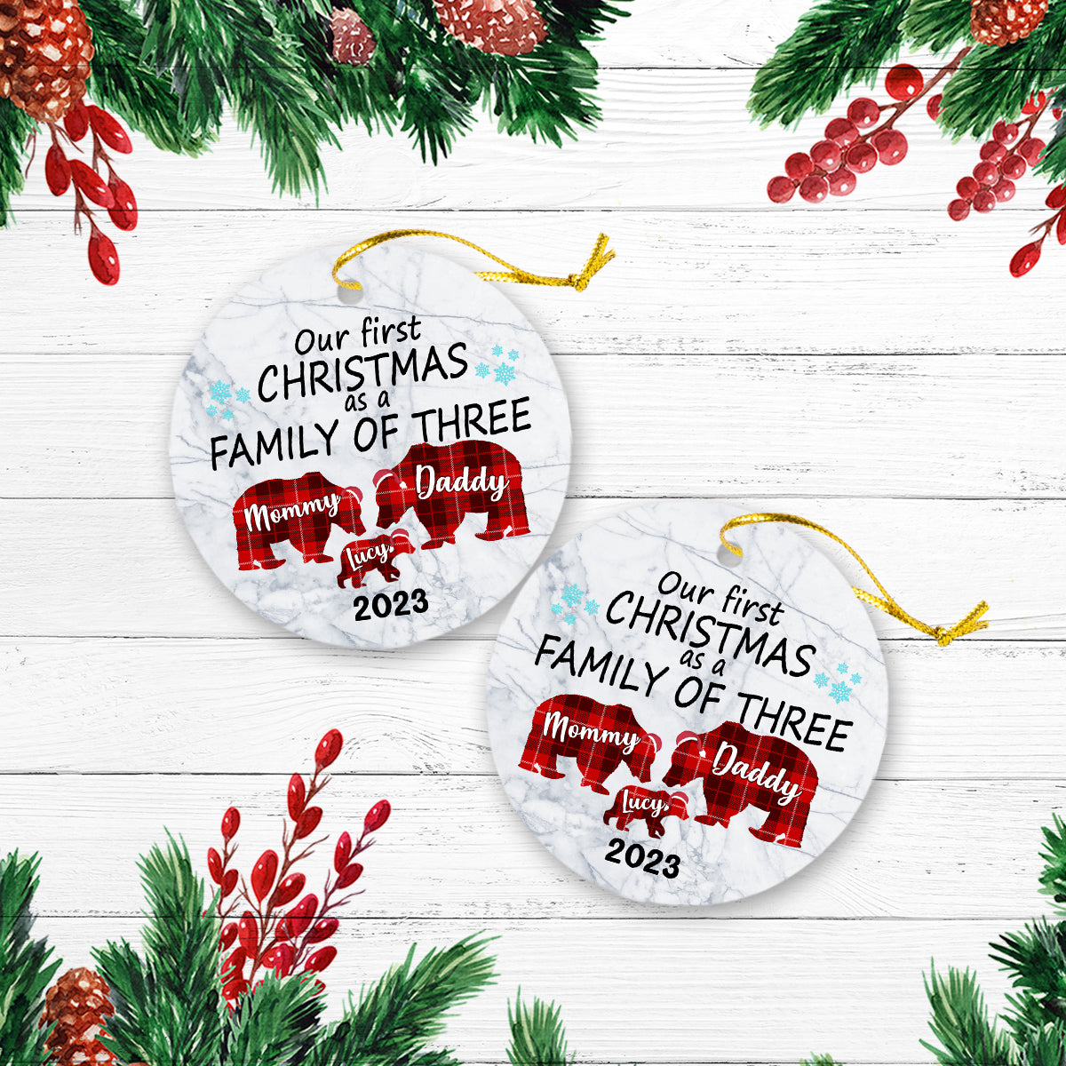 Our First Christmas As A Family Of Tree Version Bear Personalized Christmas Premium Ceramic Ornaments
