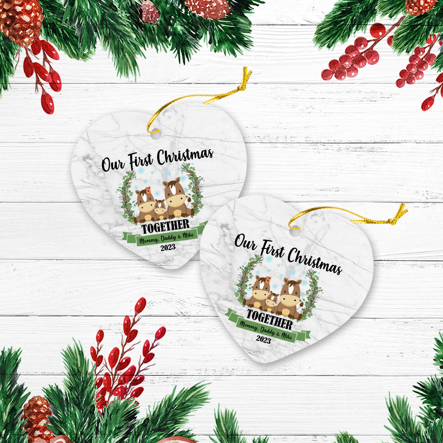 Our First Christmas Together With Family Cute Animals Version Horse Personalized Christmas Premium Ceramic Ornaments