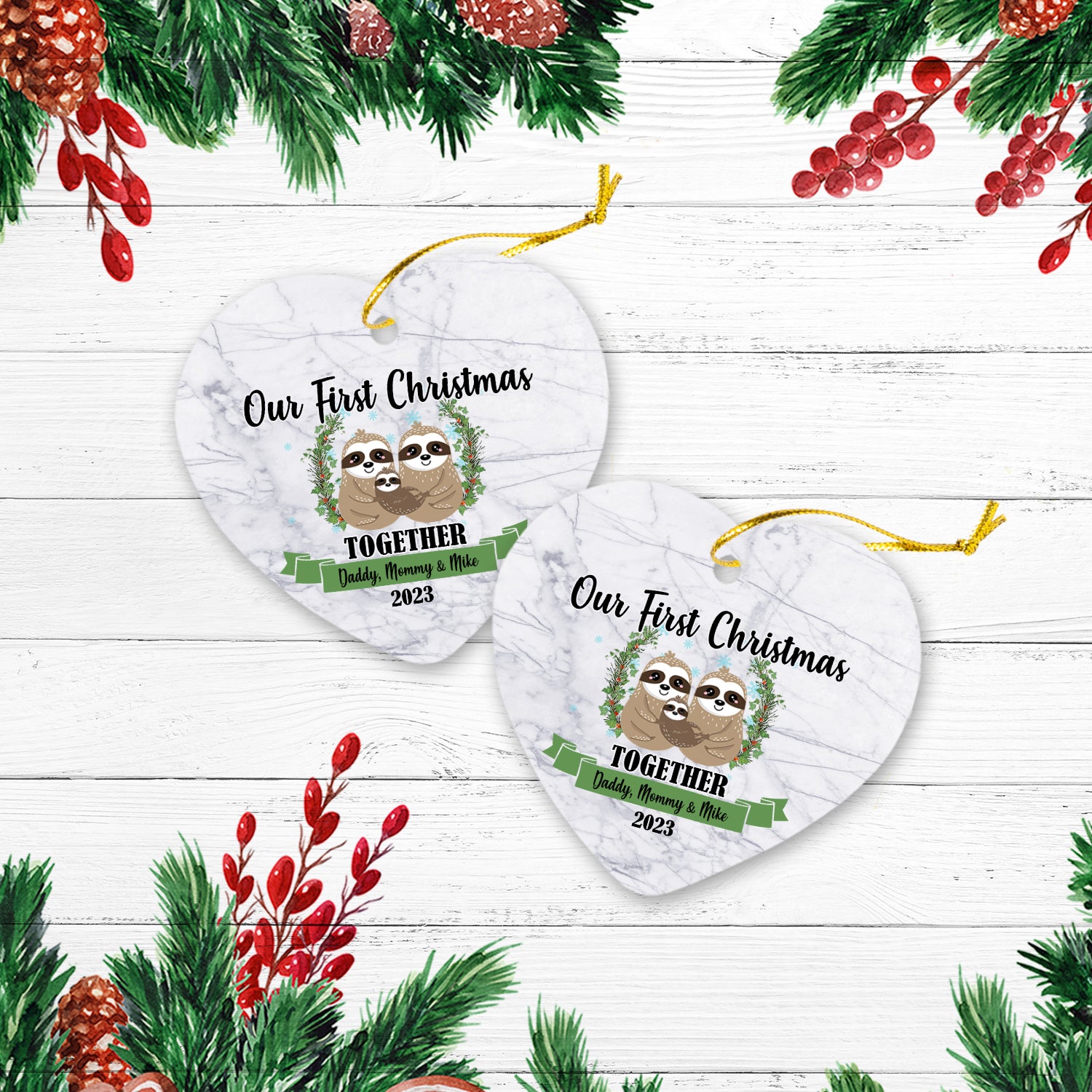 Our First Christmas Together With Family Cute Animals Version Sloth Personalized Christmas Premium Ceramic Ornaments