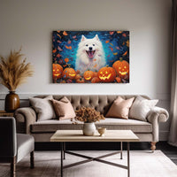 Thumbnail for Samoyeds Dog 02 Halloween With Pumpkin Oil Painting Van Goh Style, Wooden Canvas Prints Wall Art Painting , Canvas 3d Art