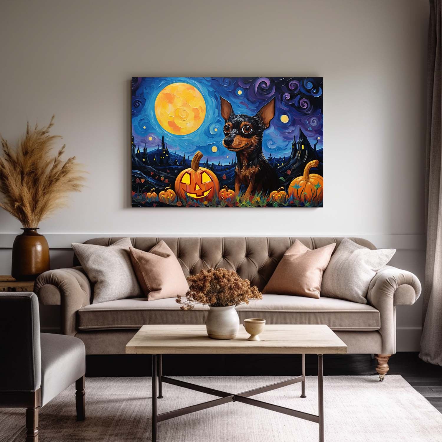 Miniature Pinschers Dog 02 Halloween With Pumpkin Oil Painting Van Goh Style, Wooden Canvas Prints Wall Art Painting , Canvas 3d Art