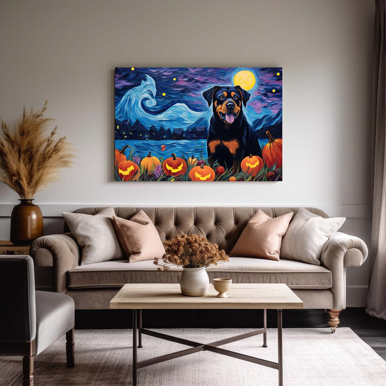 Rottweiler Dog 02 Halloween With Pumpkin Oil Painting Van Goh Style, Wooden Canvas Prints Wall Art Painting , Canvas 3d Art