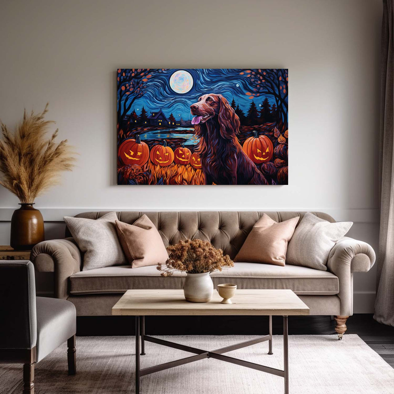 Irish Setters Dog 01 Halloween With Pumpkin Oil Painting Van Goh Style, Wooden Canvas Prints Wall Art Painting , Canvas 3d Art