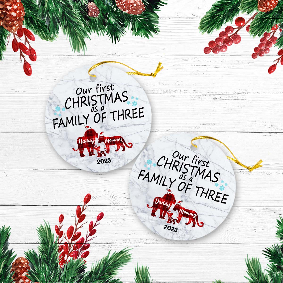 Our First Christmas As A Family Of Tree Version Lion Personalized Christmas Premium Ceramic Ornaments