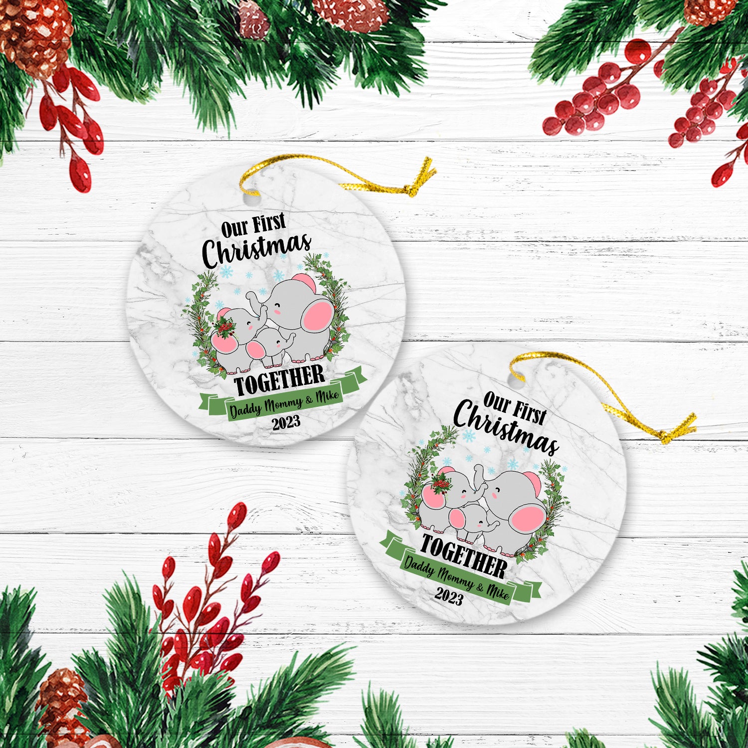 Our First Christmas Together With Family Cute Animals Version Elephant Personalized Christmas Premium Ceramic Ornaments