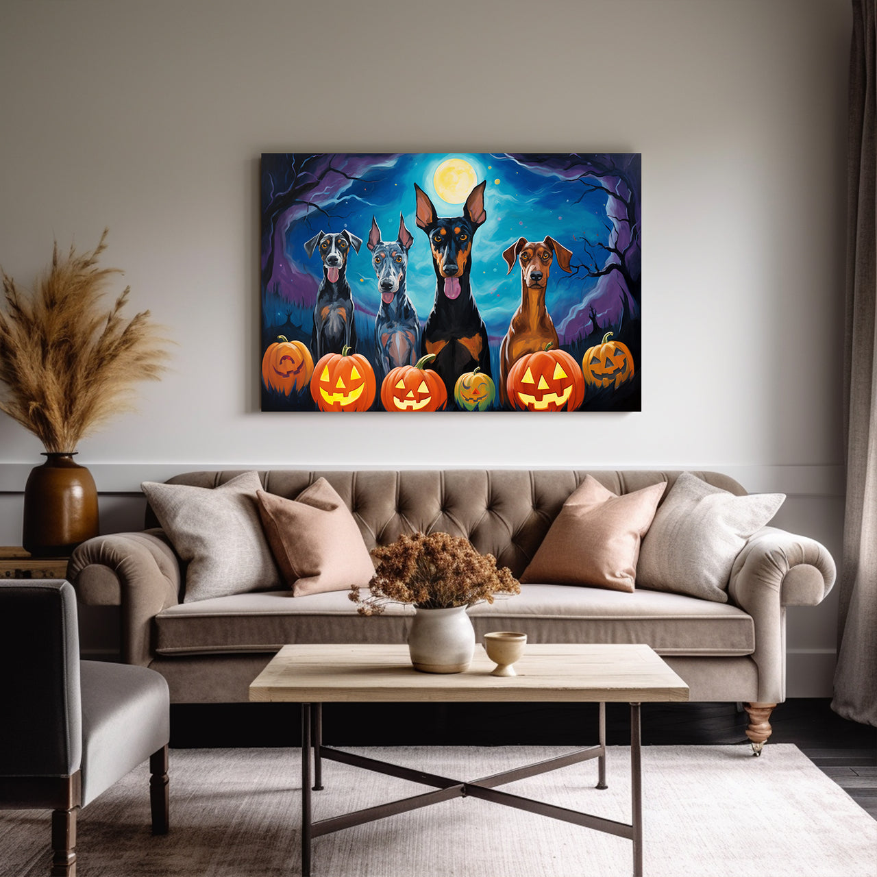 Doberman Pinschers Dogs Halloween With Pumpkin Oil Painting Van Goh Style, Wooden Canvas Prints Wall Art Painting , Canvas 3d Art