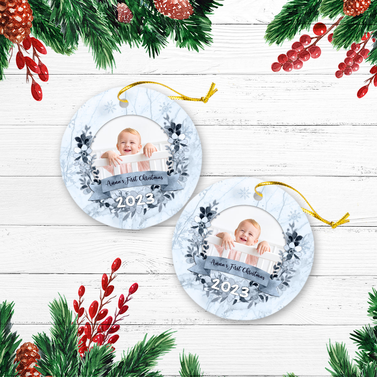 First Christmas Blue Floral Personalized Custom Photo Christmas Premium Ceramic Ornaments Gift For Family