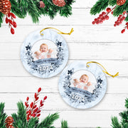First Christmas Blue Floral Personalized Custom Photo Christmas Premium Ceramic Ornaments Gift For Family