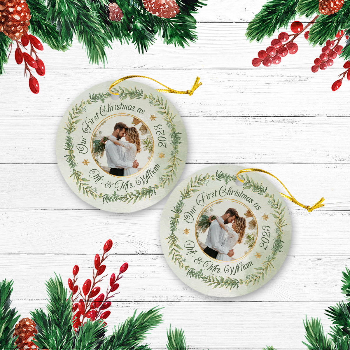 Our First Christmas Personalized Custom Photo Christmas Premium Ceramic Ornaments Gift For Family