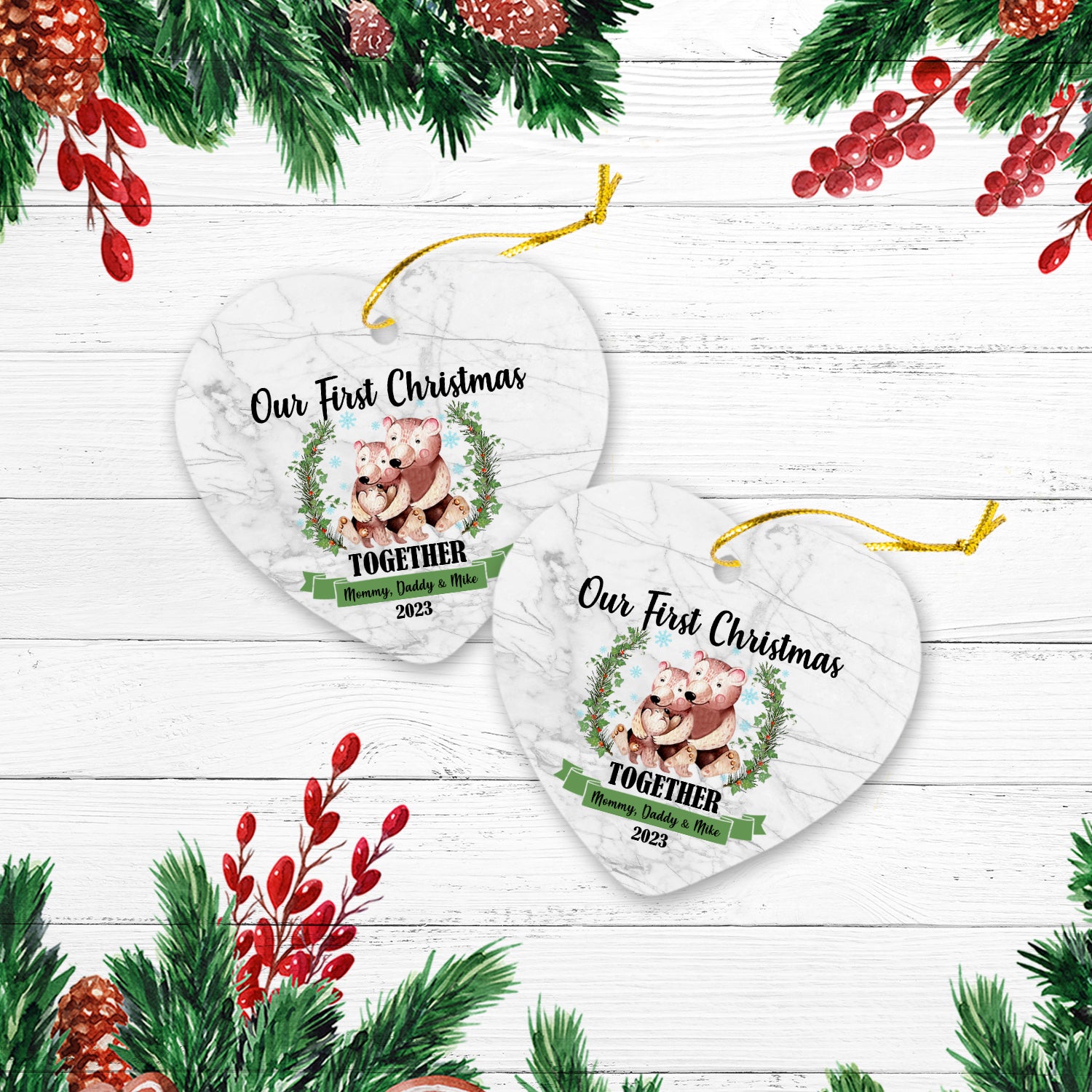 Our First Christmas Together With Family Cute Animals Version Bear Personalized Christmas Premium Ceramic Ornaments
