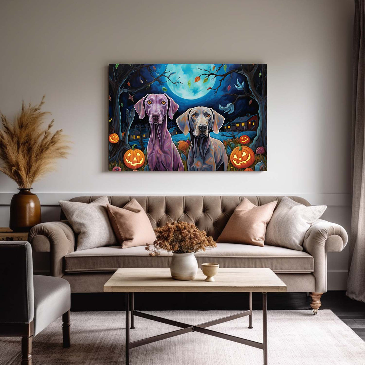 Weimaraner Dog Halloween With Pumpkin Oil Painting Van Goh Style, Wooden Canvas Prints Wall Art Painting , Canvas 3d Art