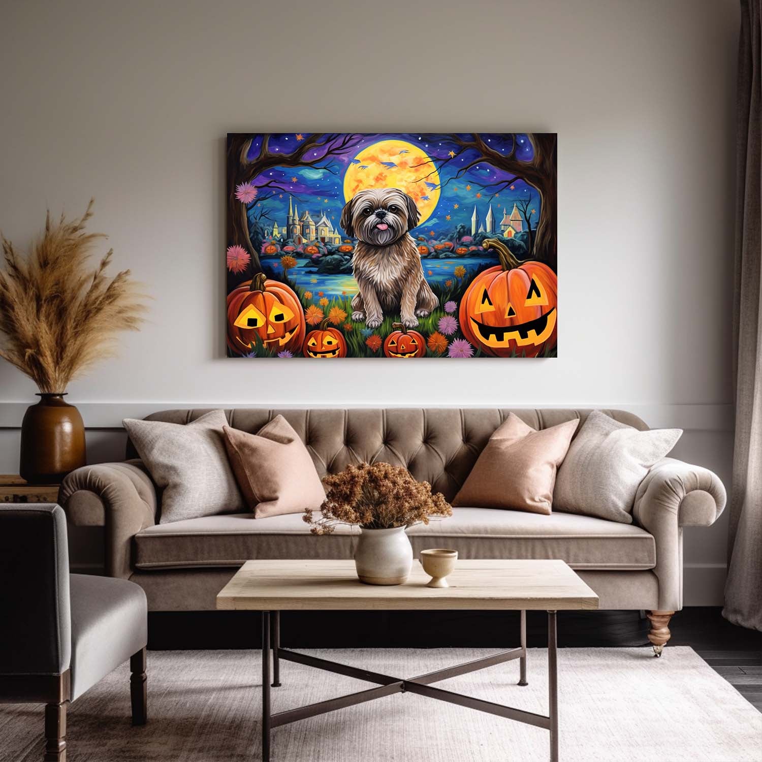 Lhasa Apsos Dog 01 Halloween With Pumpkin Oil Painting Van Goh Style, Wooden Canvas Prints Wall Art Painting , Canvas 3d Art