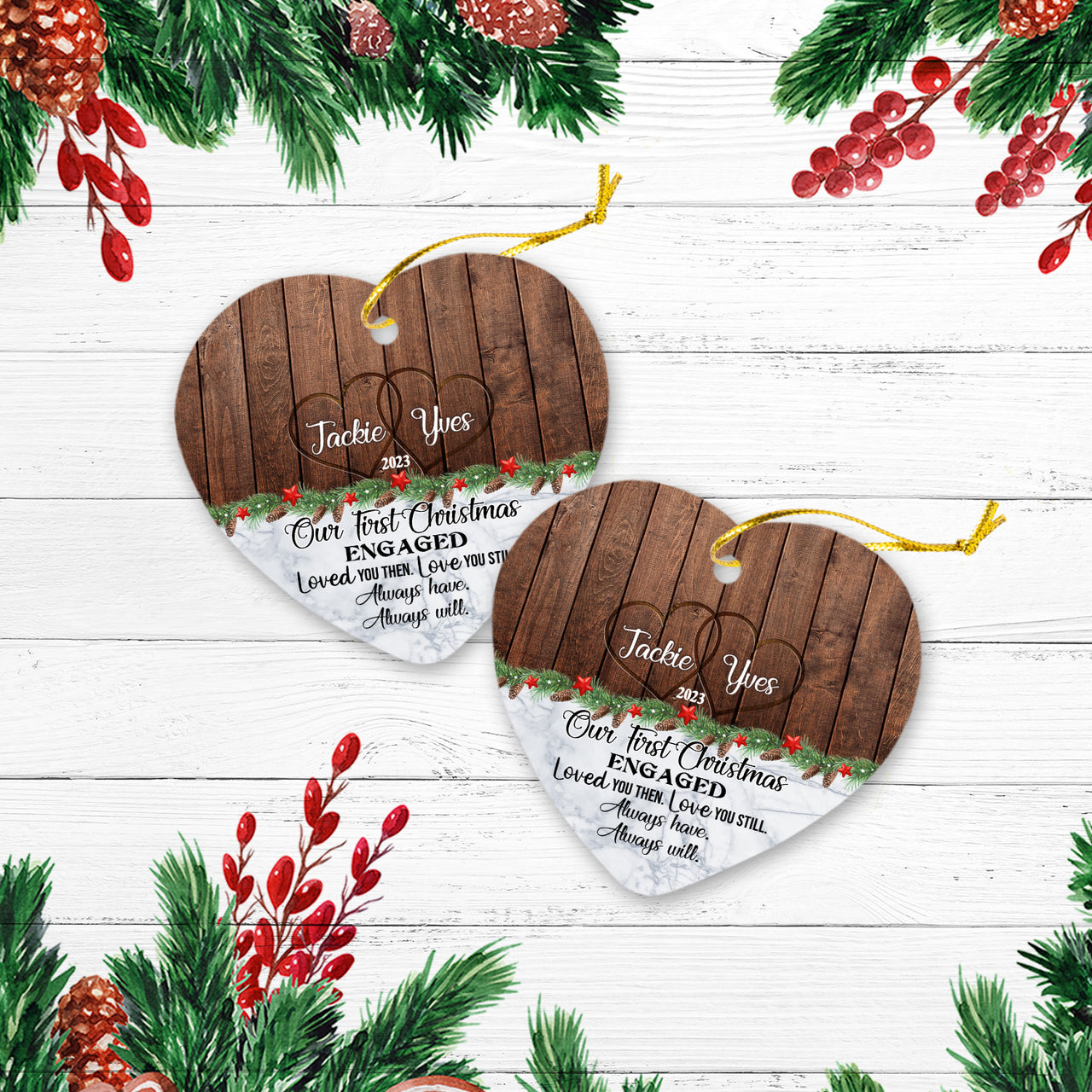 Our First Christmas Engaged Love You Then Personalized Christmas Premium Ceramic Ornaments