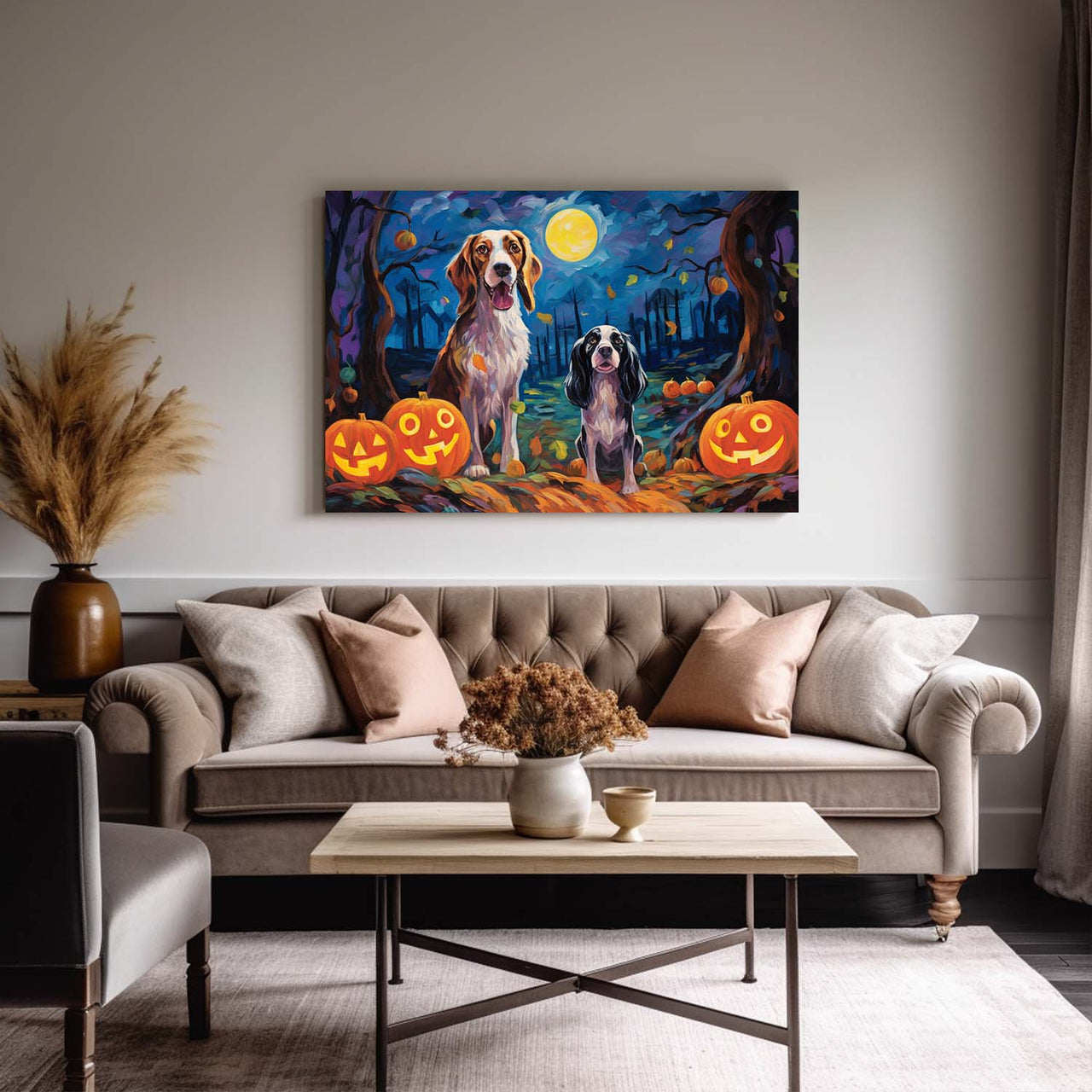 English Setters Dog 02 Halloween With Pumpkin Oil Painting Van Goh Style, Wooden Canvas Prints Wall Art Painting , Canvas 3d Art