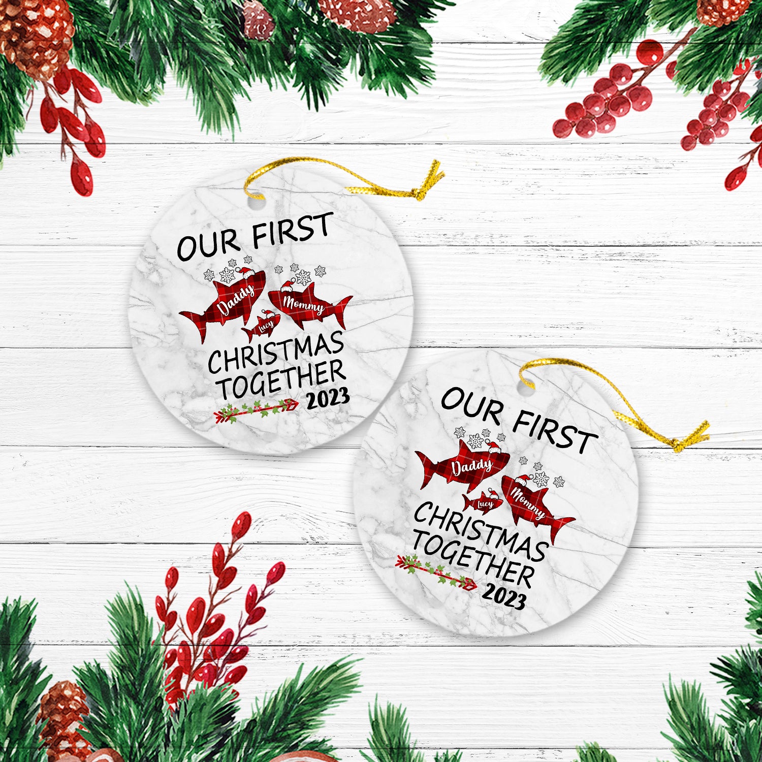 Our First Christmas Together Version Shark Personalized Christmas Premium Ceramic Ornaments
