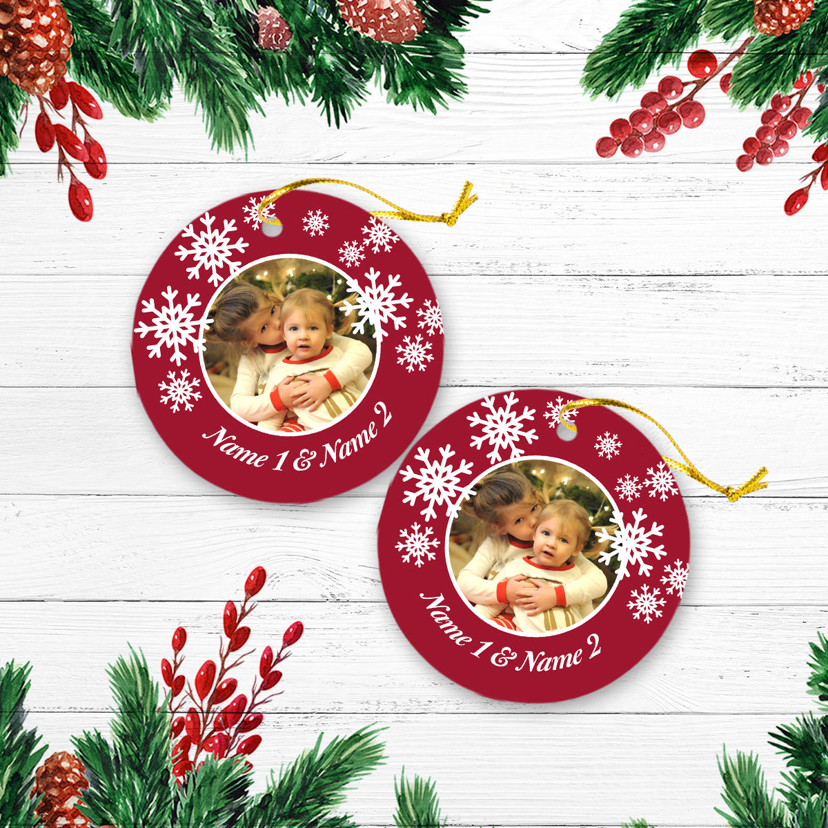 Snowflake Frame Christmas Personalized Custom Photo Christmas Premium Ceramic Ornaments Gift For Family