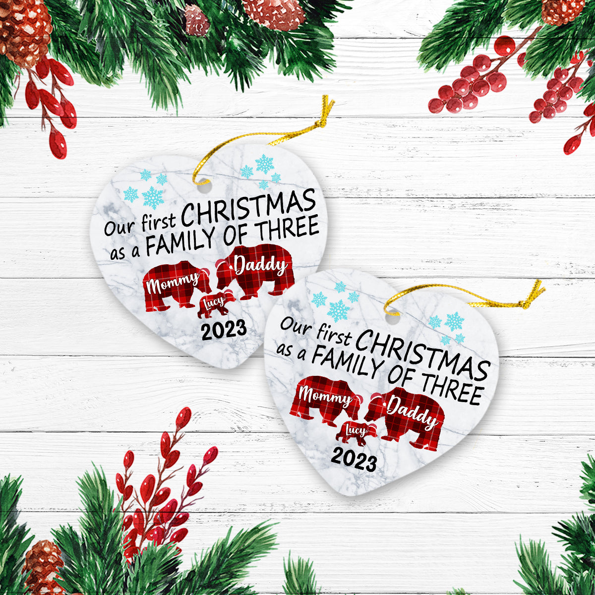 Our First Christmas As A Family Of Tree Version Bear Personalized Christmas Premium Ceramic Ornaments
