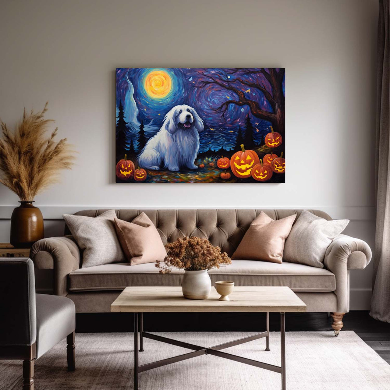 Newfoundland Dog Halloween With Pumpkin Oil Painting Van Goh Style, Wooden Canvas Prints Wall Art Painting , Canvas 3d Art