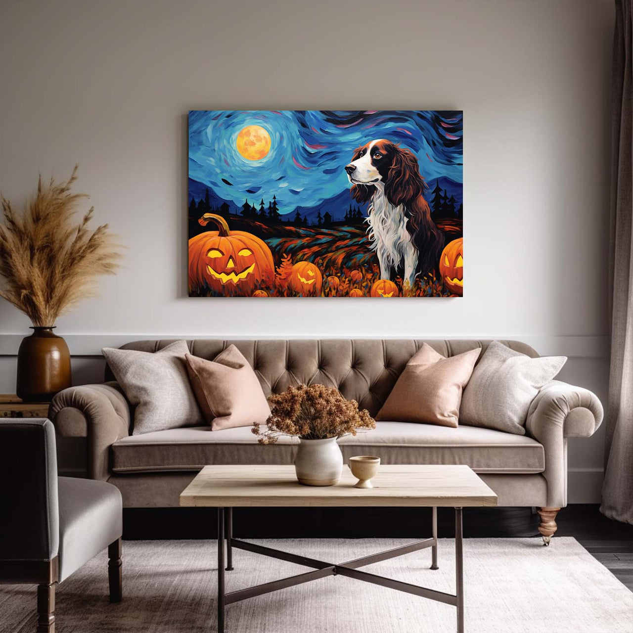 Irish Setters Dog 02 Halloween With Pumpkin Oil Painting Van Goh Style, Wooden Canvas Prints Wall Art Painting , Canvas 3d Art