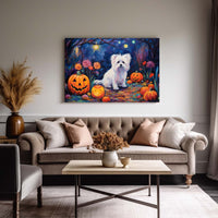 Thumbnail for Maltese Dog 01 Halloween With Pumpkin Oil Painting Van Goh Style, Wooden Canvas Prints Wall Art Painting , Canvas 3d Art