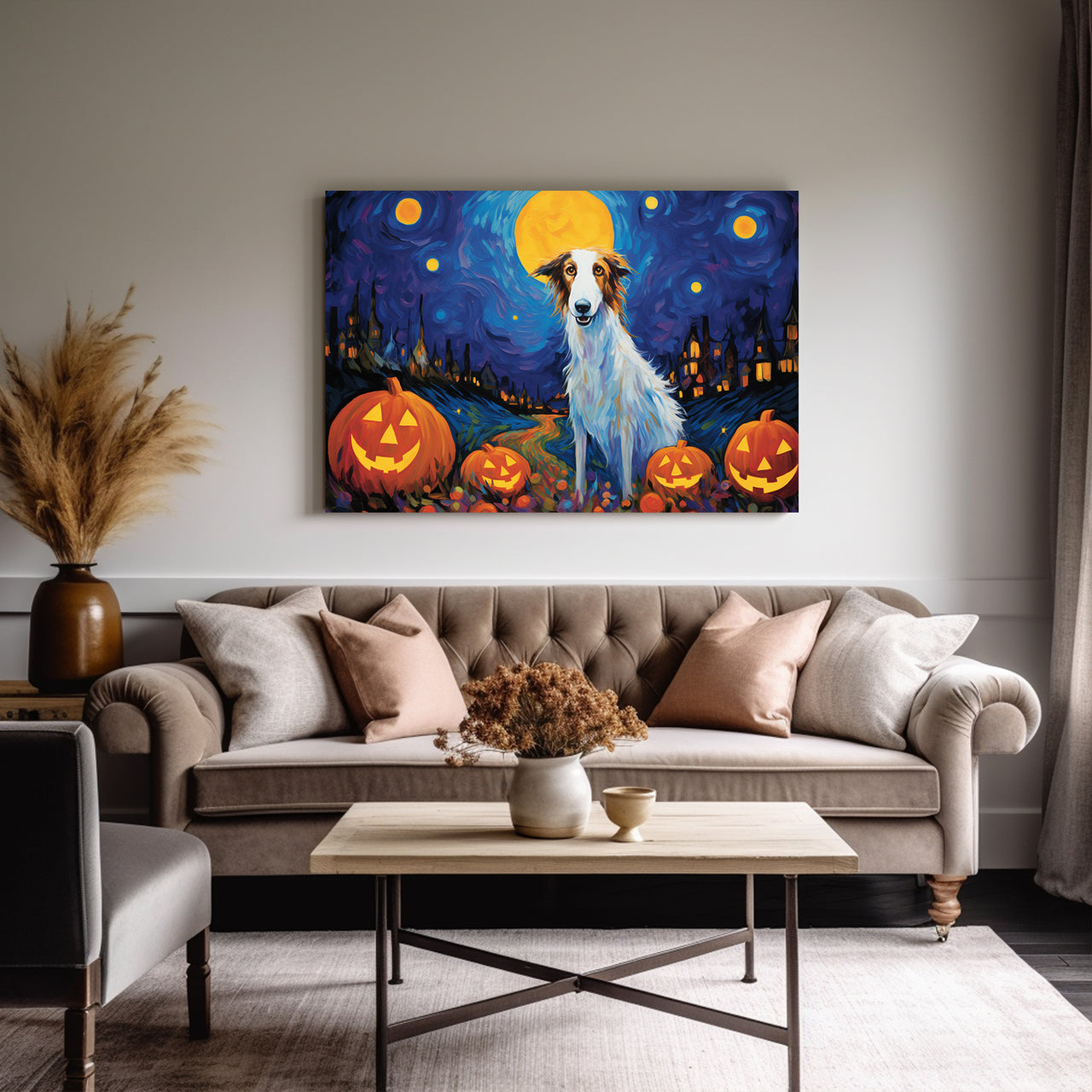 Borzois Dog Halloween With Pumpkin Oil Painting Van Goh Style, Wooden Canvas Prints Wall Art Painting , Canvas 3d Art