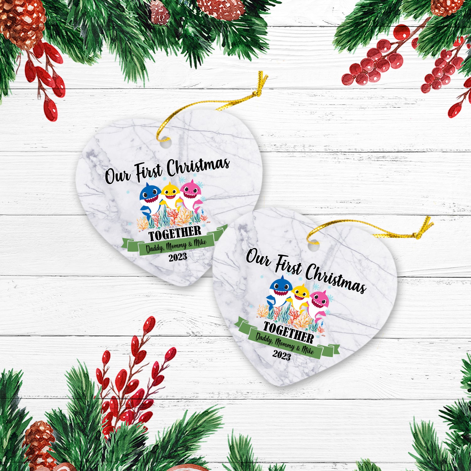 Our First Christmas Together With Family Cute Animals Version Shark Personalized Christmas Premium Ceramic Ornaments