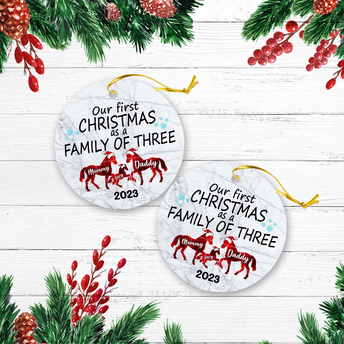 Our First Christmas As A Family Of Tree Version Horse Personalized Christmas Premium Ceramic Ornaments