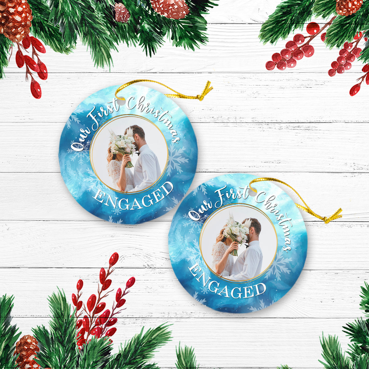 Our First Christmas Engaged Blue and Silver Personalized Custom Photo Christmas Premium Ceramic Ornaments Gift For Family