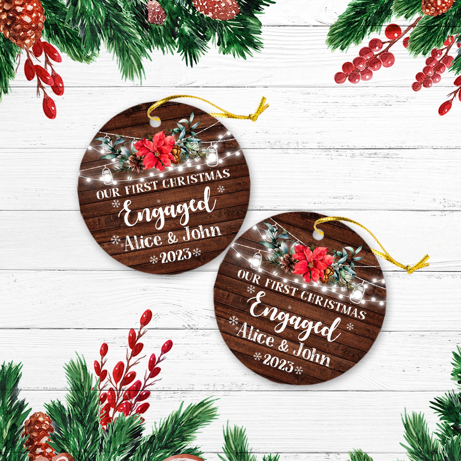 Flower Wood 1st Christmas Engaged Personalized Christmas Premium Ceramic Ornaments