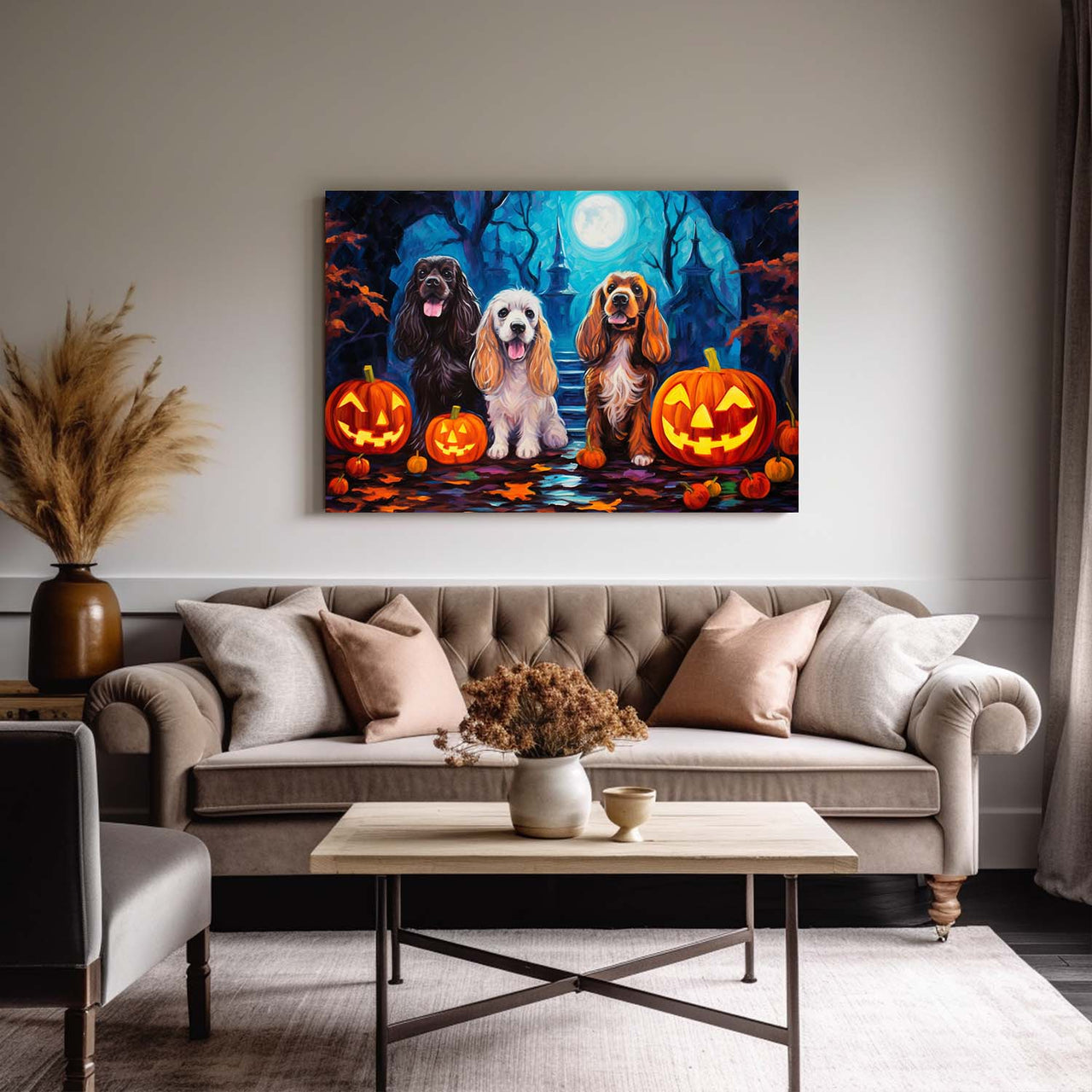 Cocker Spaniels Dog 01 Halloween With Pumpkin Oil Painting Van Goh Style, Wooden Canvas Prints Wall Art Painting , Canvas 3d Art