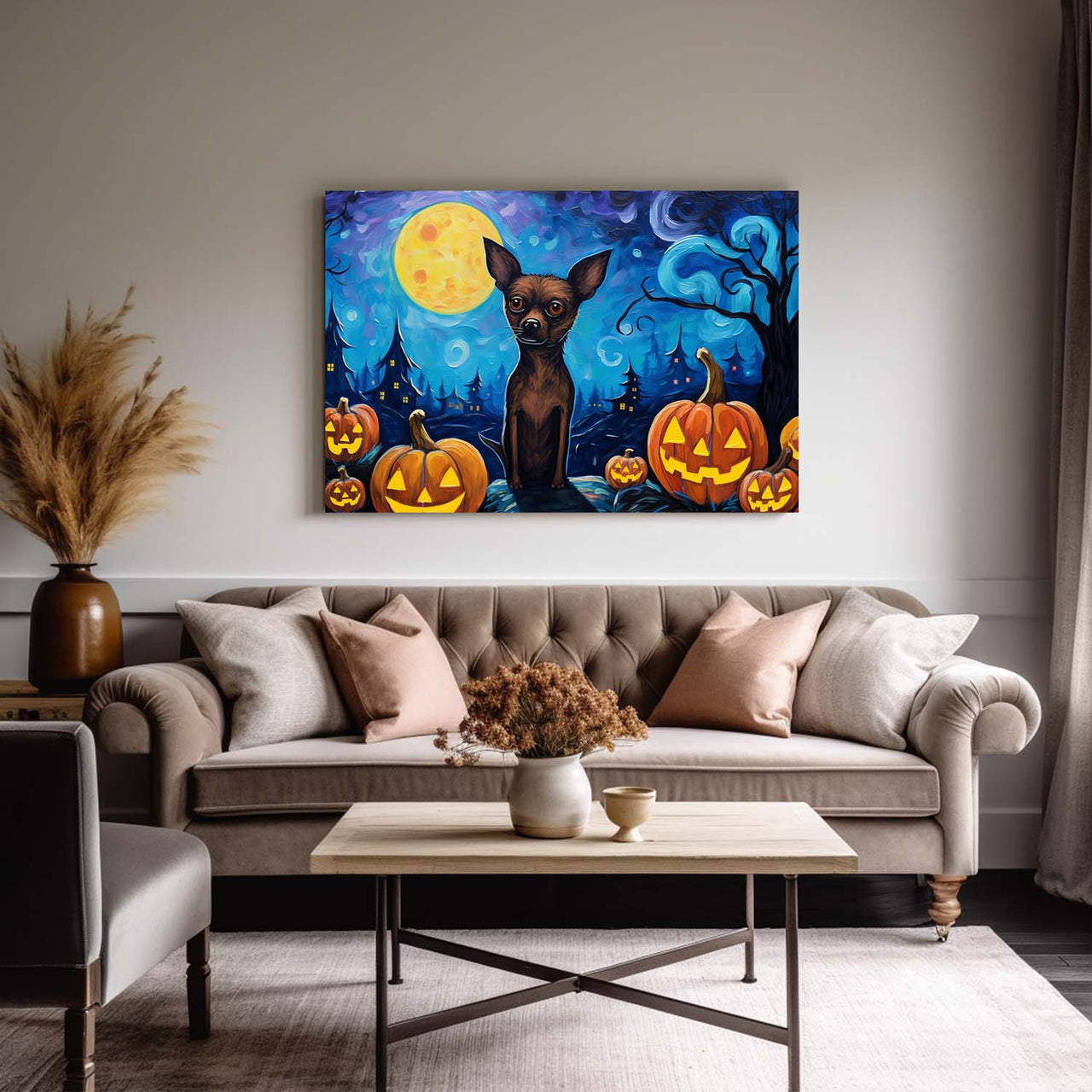 Miniature Pinschers Dog 01 Halloween With Pumpkin Oil Painting Van Goh Style, Wooden Canvas Prints Wall Art Painting , Canvas 3d Art