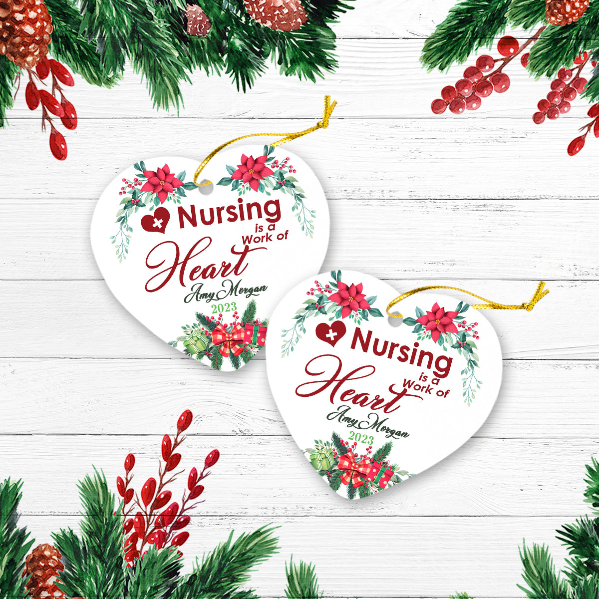 Nursing Is A Work Of Heart Personalized Custom Name Christmas Premium Ceramic Ornaments Sets