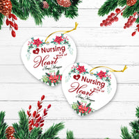 Thumbnail for Nursing Is A Work Of Heart Personalized Custom Name Christmas Premium Ceramic Ornaments Sets