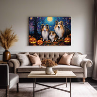 Thumbnail for Shetland Sheepdogs Dog 01 Halloween With Pumpkin Oil Painting Van Goh Style, Wooden Canvas Prints Wall Art Painting , Canvas 3d Art