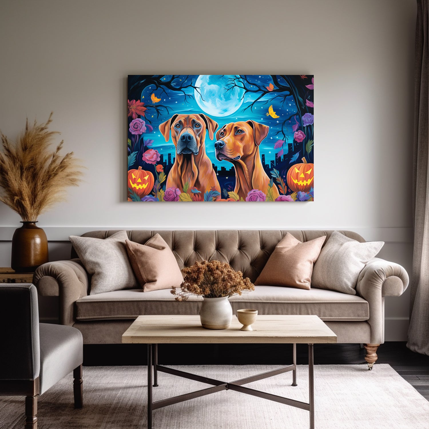 Rhodesian Ridgebacks Dog 01 Halloween With Pumpkin Oil Painting Van Goh Style, Wooden Canvas Prints Wall Art Painting , Canvas 3d Art