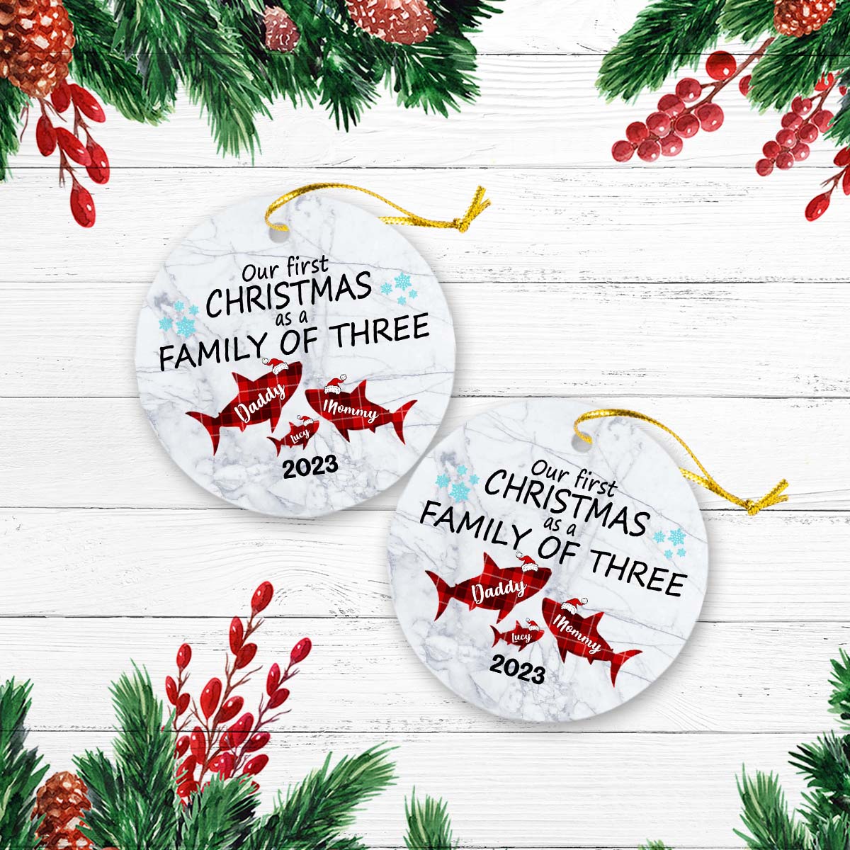 Our First Christmas As A Family Of Tree Version Shark Personalized Christmas Premium Ceramic Ornaments