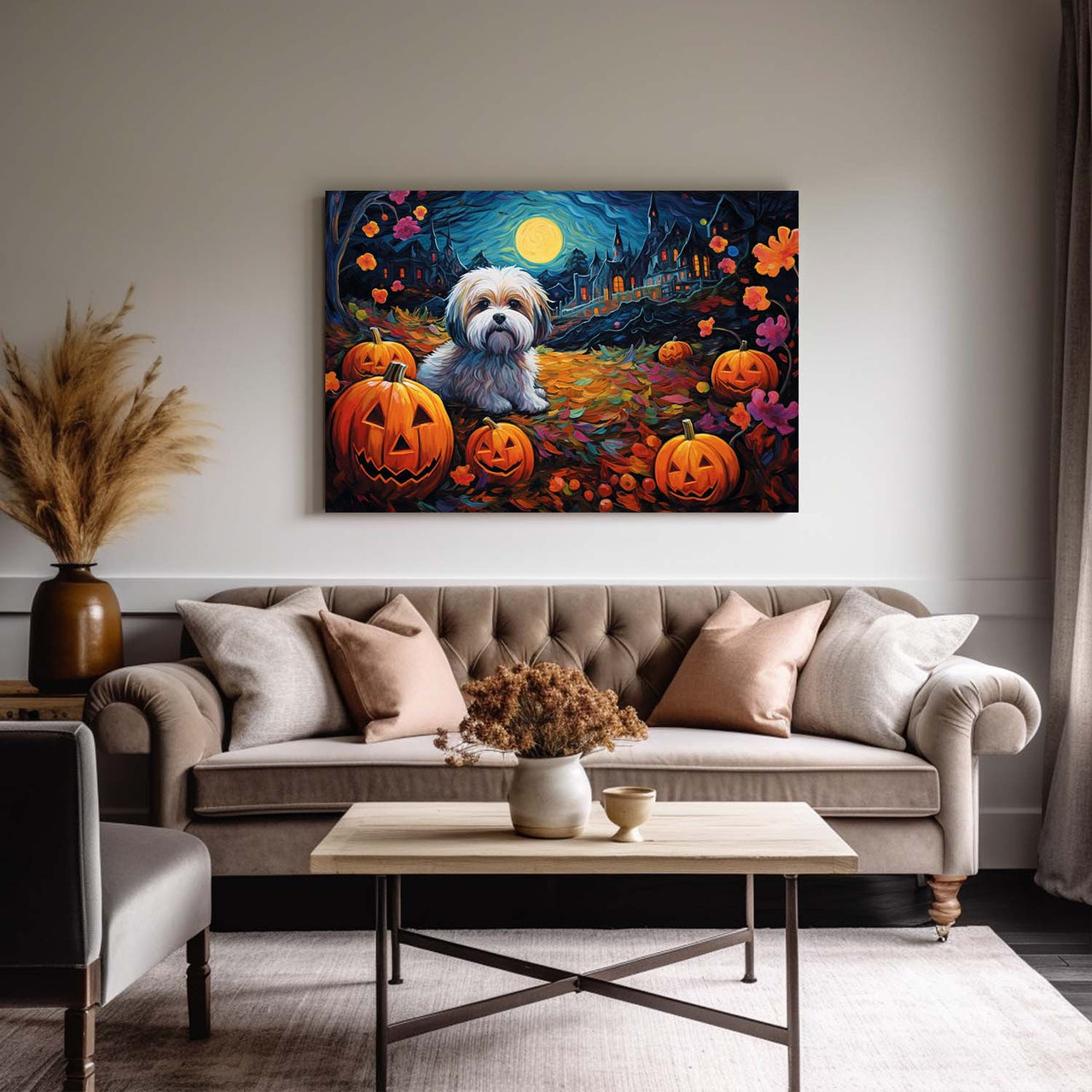 Lhasa Apsos Dog 02 Halloween With Pumpkin Oil Painting Van Goh Style, Wooden Canvas Prints Wall Art Painting , Canvas 3d Art