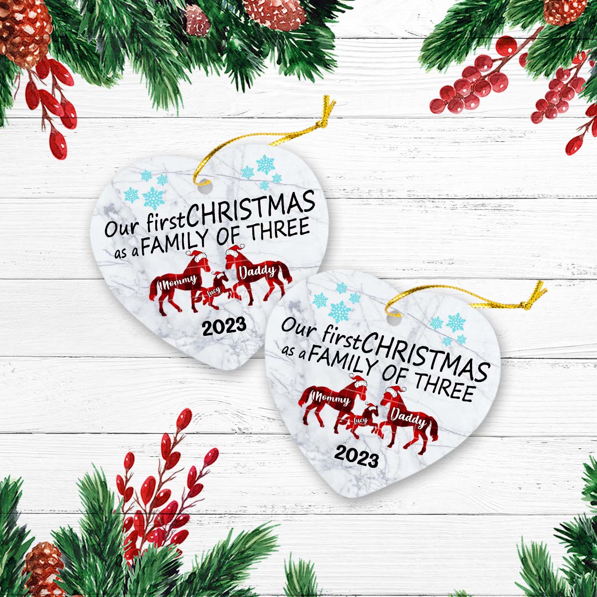 Our First Christmas As A Family Of Tree Version Horse Personalized Christmas Premium Ceramic Ornaments
