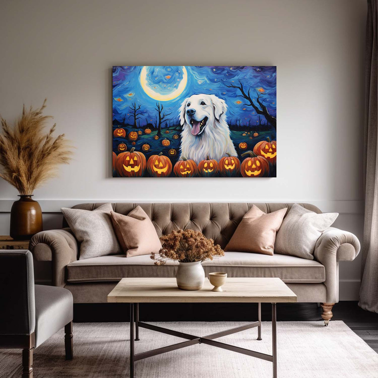 Great Pyrenees Dog 02 Halloween With Pumpkin Oil Painting Van Goh Style, Wooden Canvas Prints Wall Art Painting , Canvas 3d Art